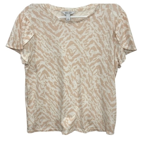 Nine West Shirt Animal Print Short Tulip Flutter Sleeve Tan White Size Large - Picture 1 of 8